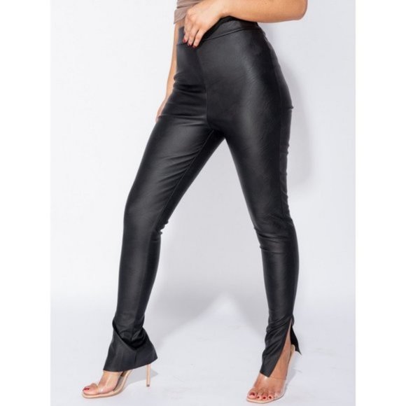 Black High Waist Vegan Leather Faux Leather Split Hem Skinny Pants - Picture 6 of 8
